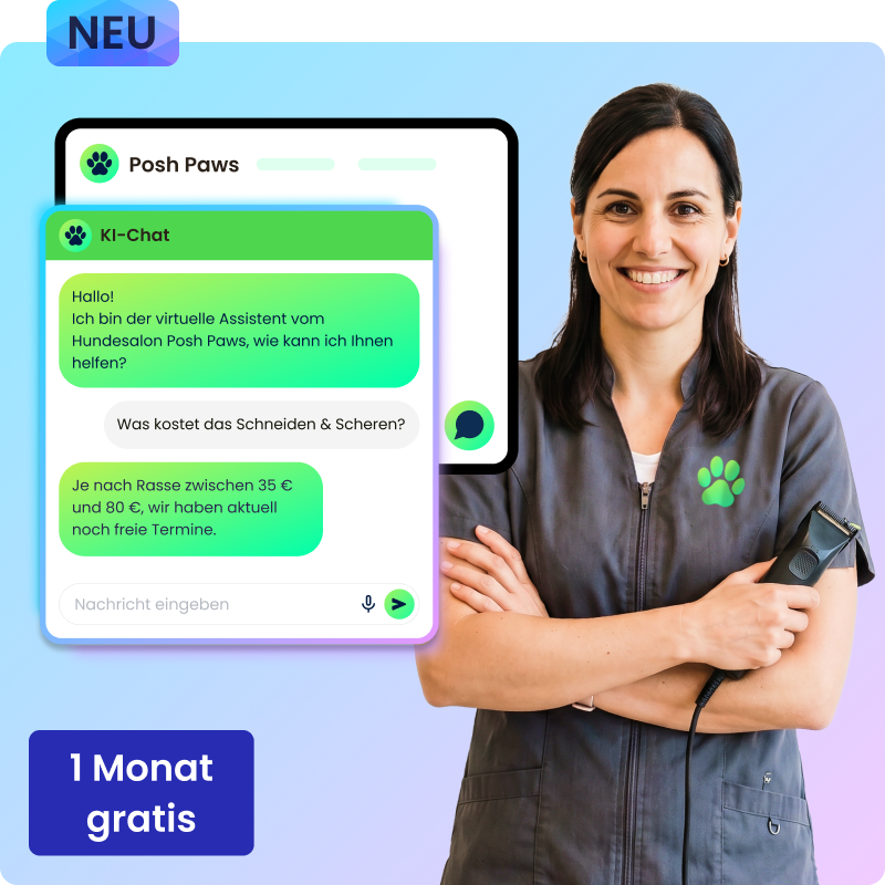 Mitarbeiterin des Hundesalons und eingeblendet das Chatfenster