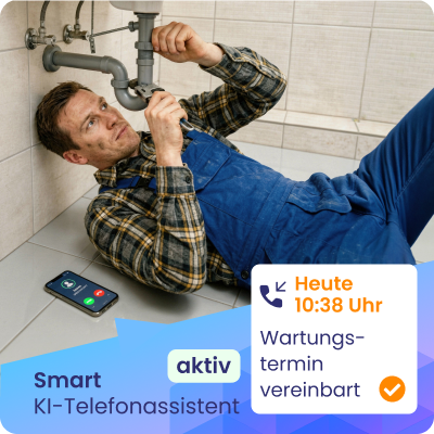 Installateur beim Abflussreparieren, ein Smartphone, eine Box, die zeigt, dass der KI-Telefonassistent den Anruf annimmt.