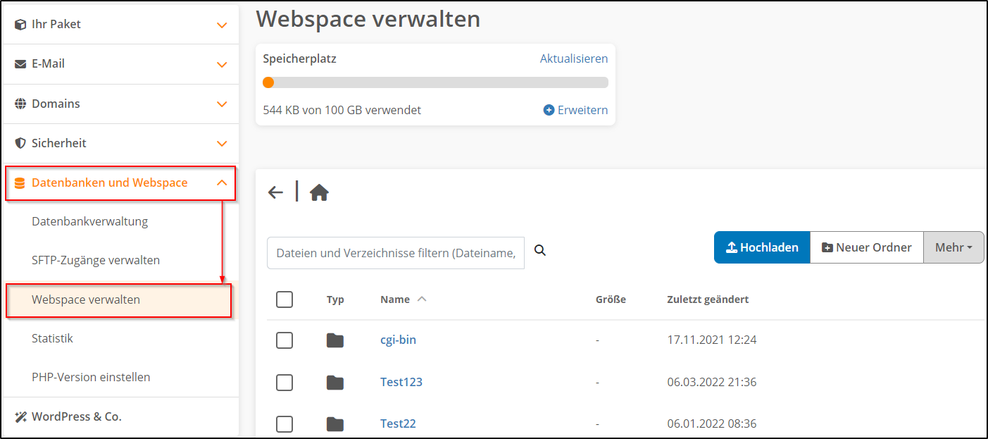 Webspace verwalten Webspace verwalten