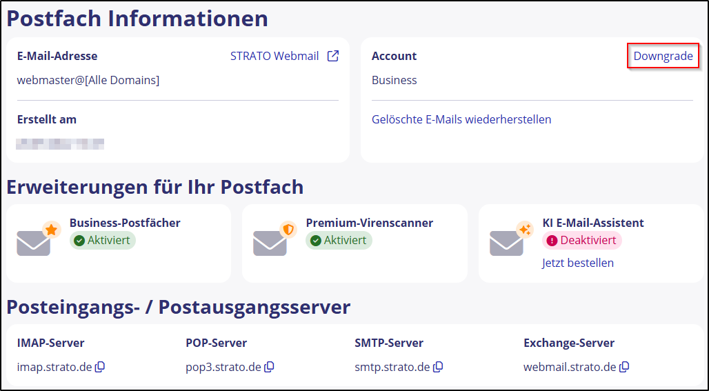 Business-Postfach downgraden Business-Postfach downgraden