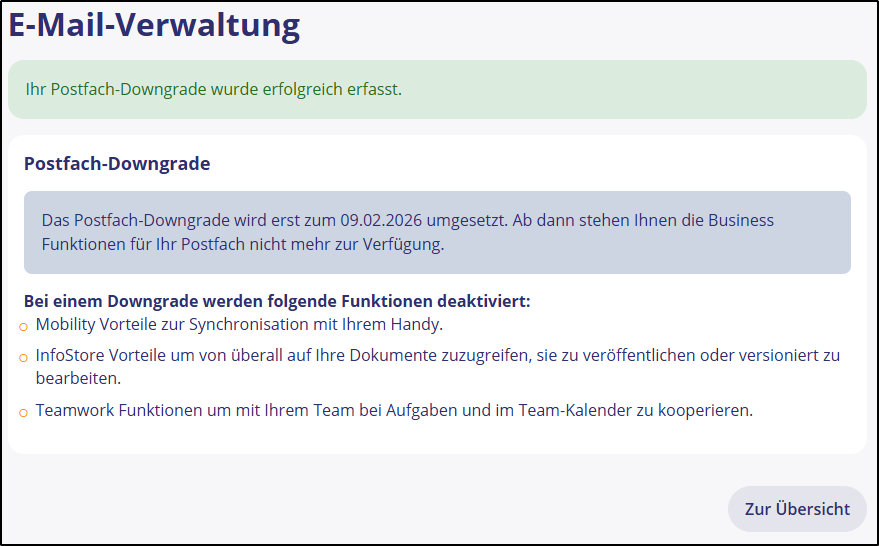 Postfach-Downgrade erfolgreich Postfach-Downgrade erfolgreich