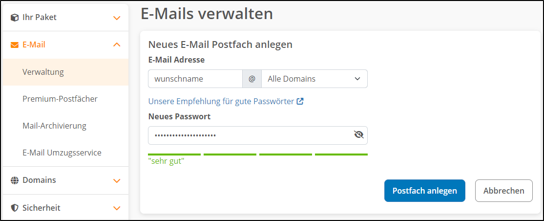 Neues Postfach anlegen Neues Postfach anlegen