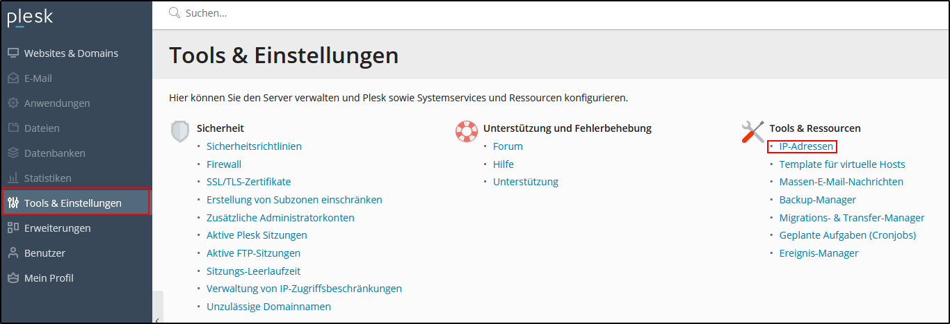 Plesk IP-Einstellungen Plesk IP-Einstellungen