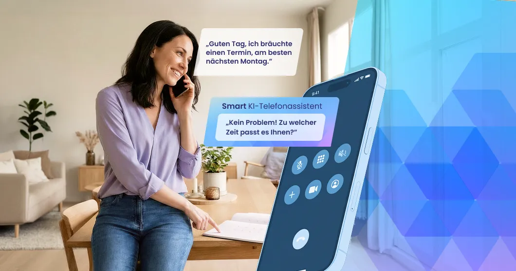 Frau telefoniert mit dem STRATO KI-Telefonassistenten